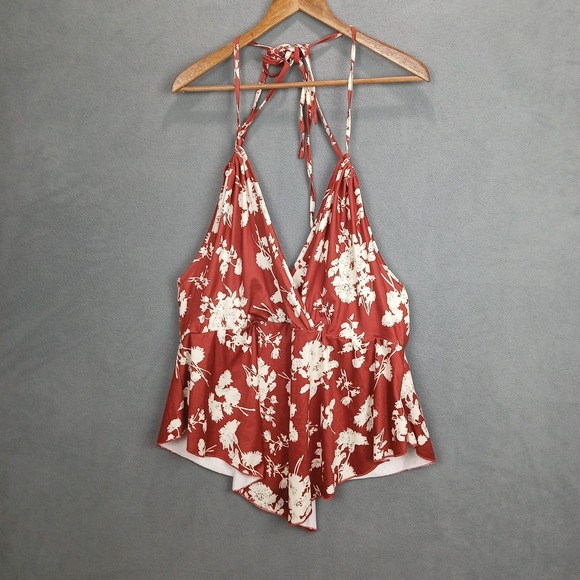 SHEIN Tops - Shein Curve Halter Top Womens 3XL Dark Orange Botanical Plunge V Neck Backless